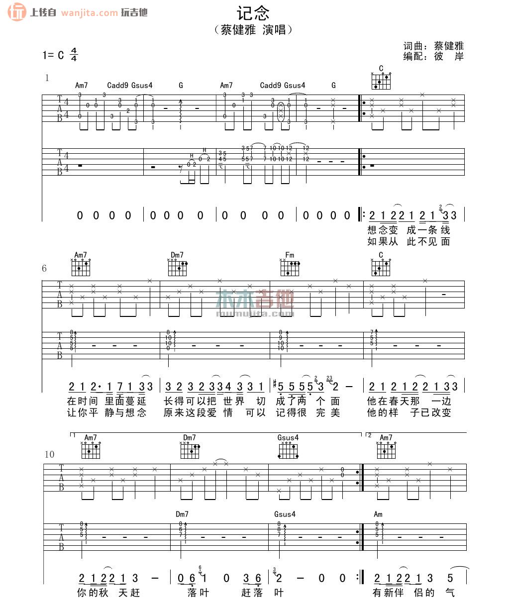 《纪念吉他谱》_蔡健雅_未知调_吉他图片谱2张 图1