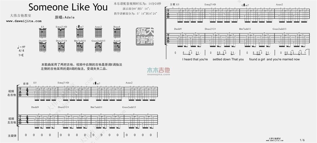 《Someone Like You吉他谱》_Adele_E调_吉他图片谱2张 图1