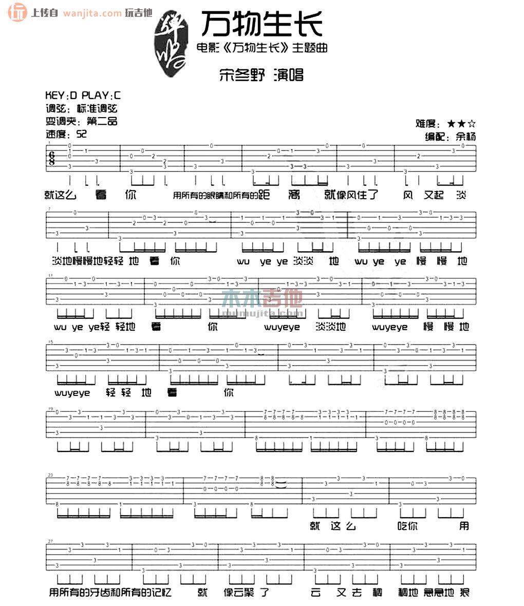 《万物生长吉他谱》_宋冬野_未知调_吉他图片谱2张 图1