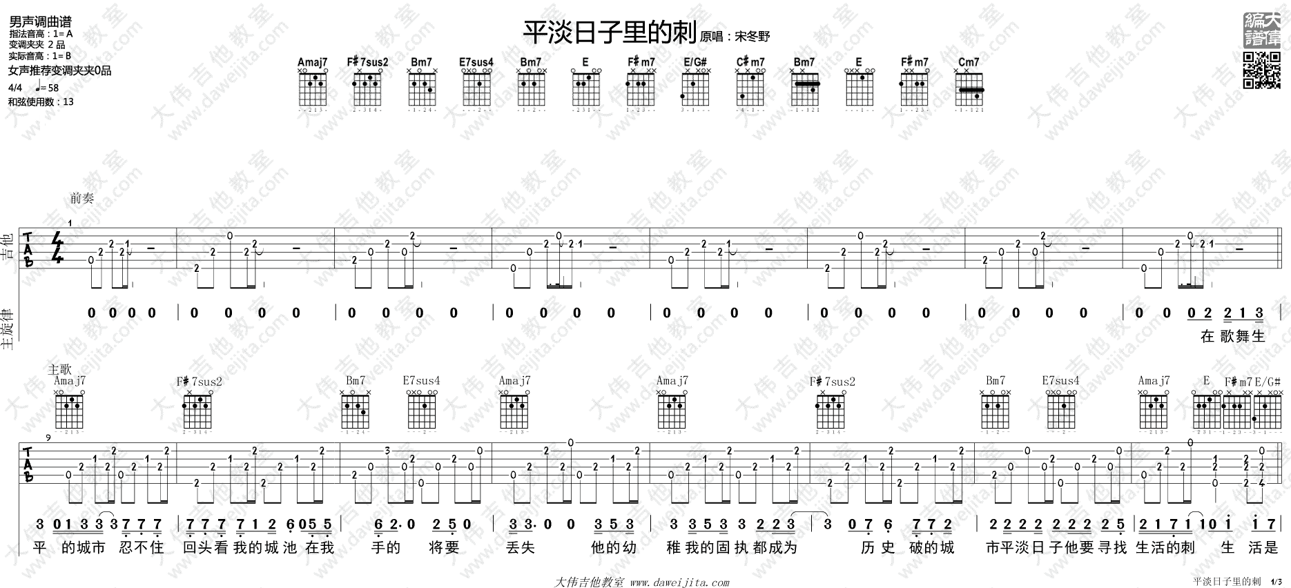 《平淡日子里的刺吉他谱》_宋冬野_未知调_吉他图片谱2张 图1