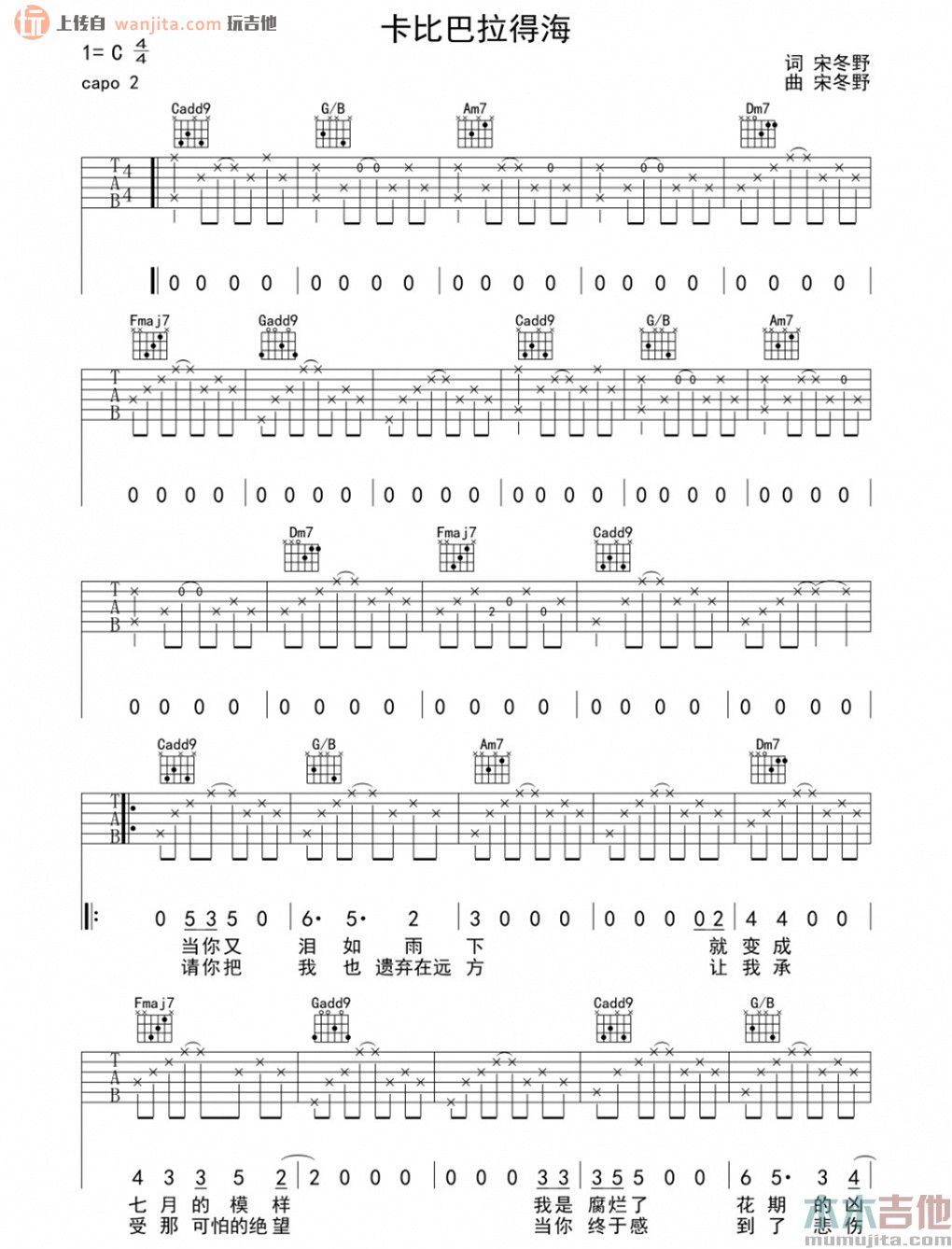 《卡比巴拉的海吉他谱》_宋冬野_未知调_吉他图片谱2张 图1