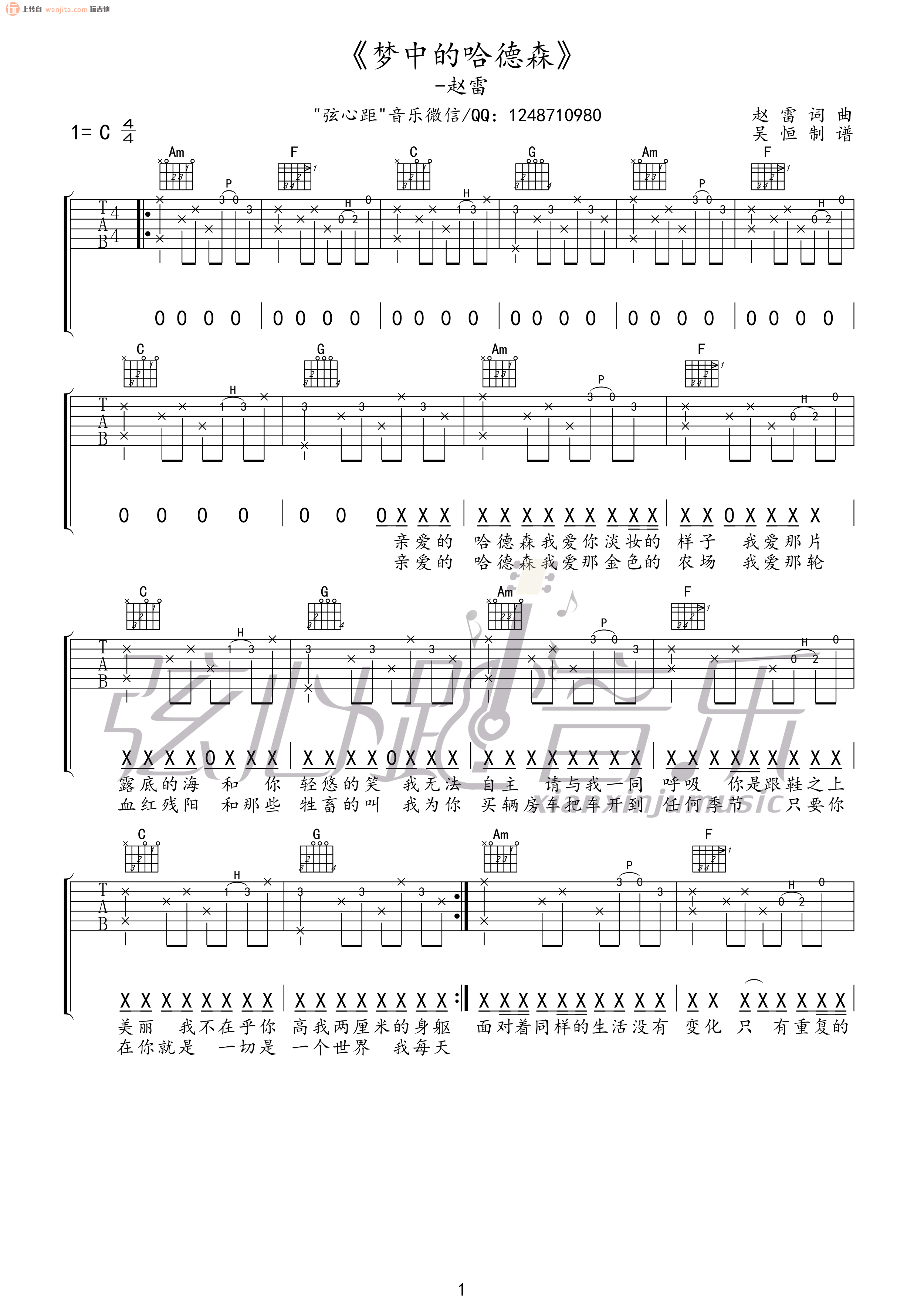 《梦中的哈德森吉他谱》_赵雷_未知调_吉他图片谱2张 图1