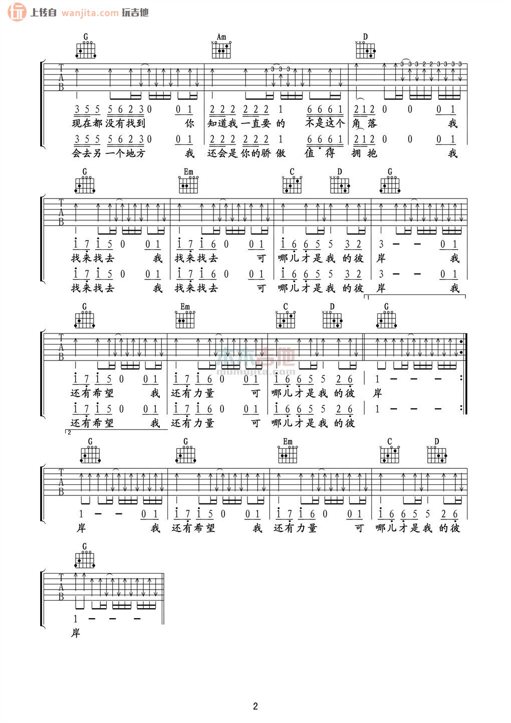 《彼岸吉他谱》_汪峰_未知调_吉他图片谱2张 图2