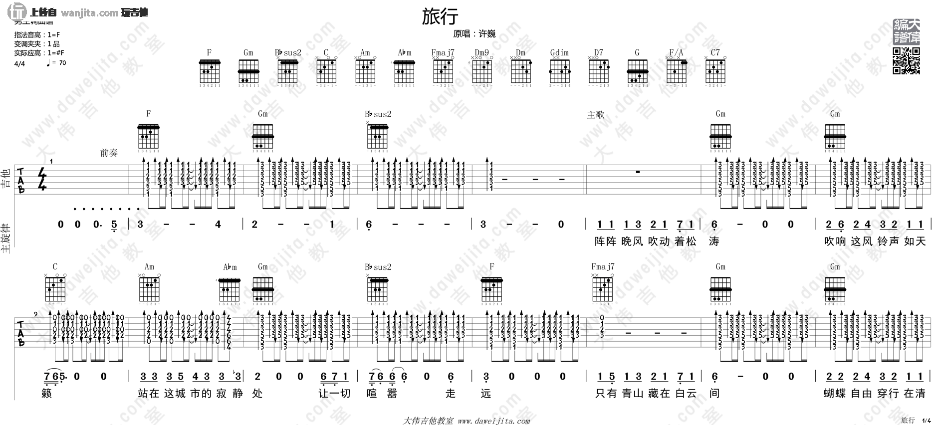 《旅行吉他谱》_许巍_F调_吉他图片谱2张 图1