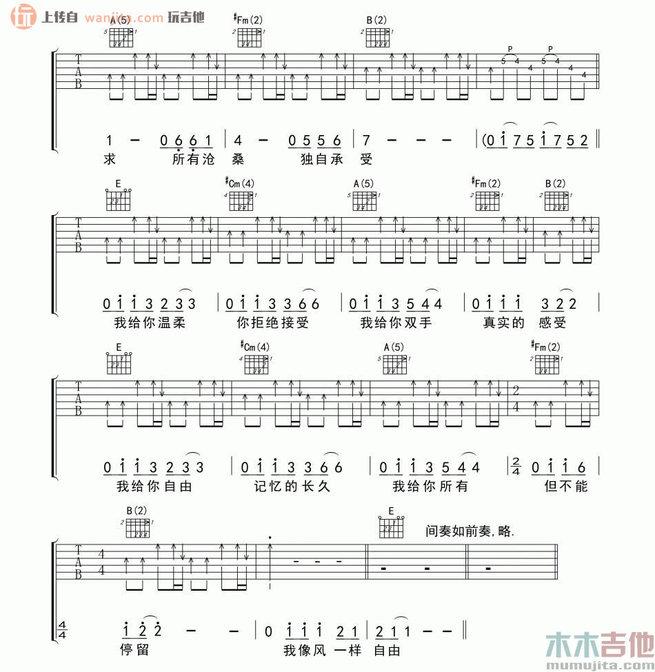 《像风一样自由吉他谱》_许巍_E调_吉他图片谱2张 图2