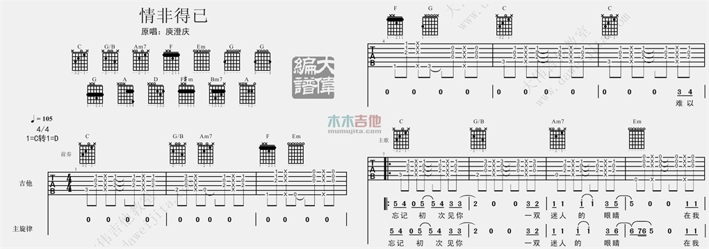 《情非得已吉他谱》_庾澄庆_C调_吉他图片谱2张 图1