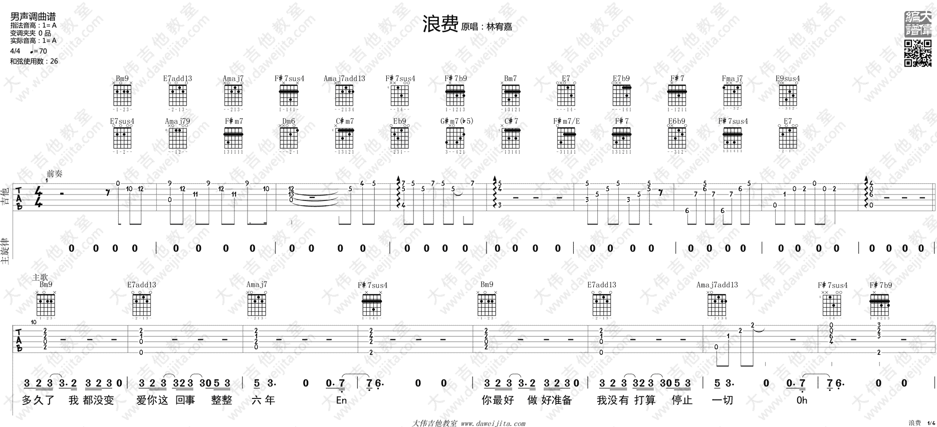 《浪费吉他谱》_林宥嘉_A调_吉他图片谱2张 图1