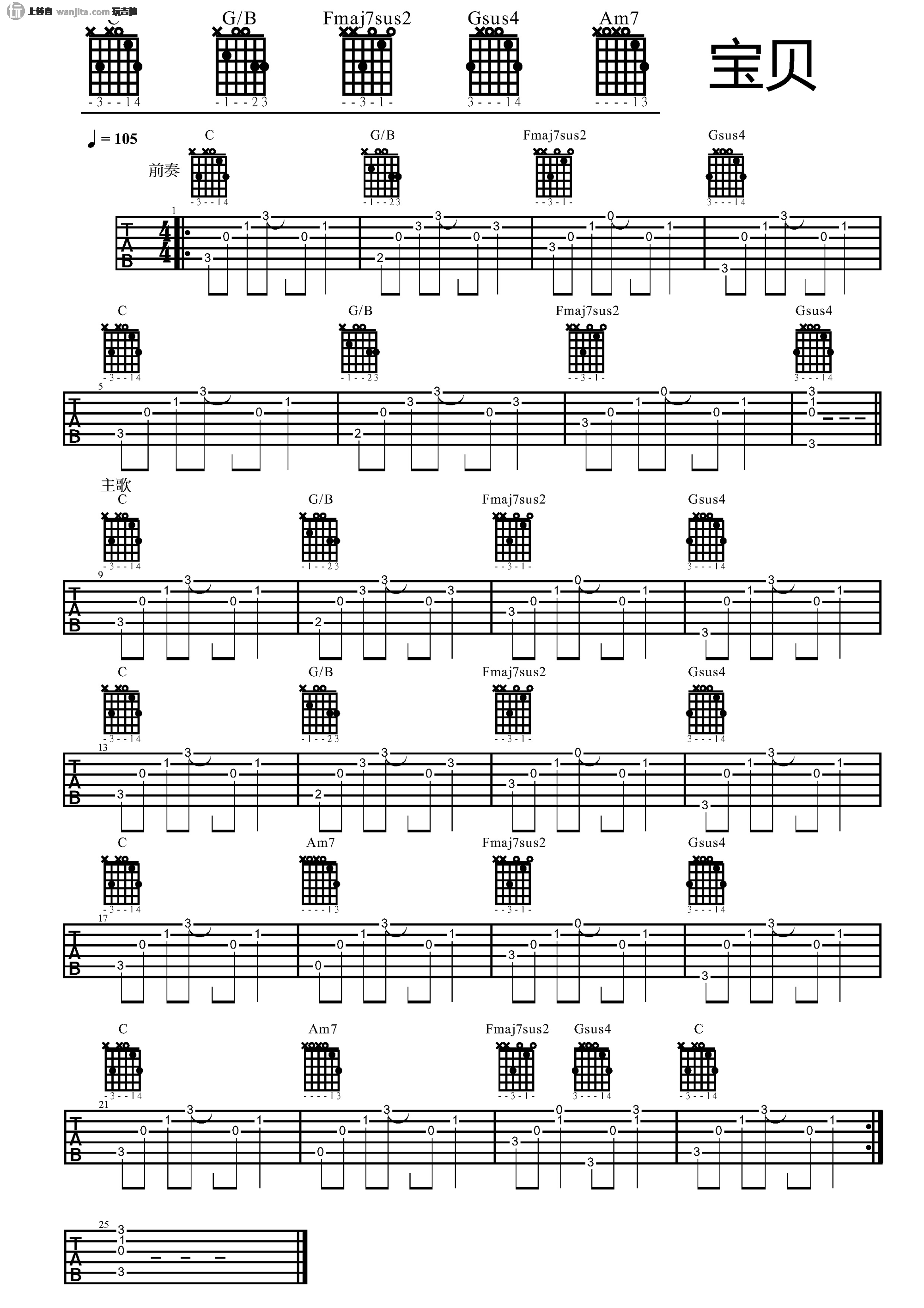 《宝贝吉他谱》_张悬_C调_吉他图片谱1张 图1