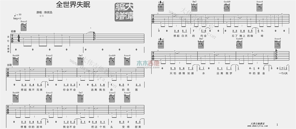 《全世界失眠吉他谱》_陈奕迅_D调_吉他图片谱2张 图1