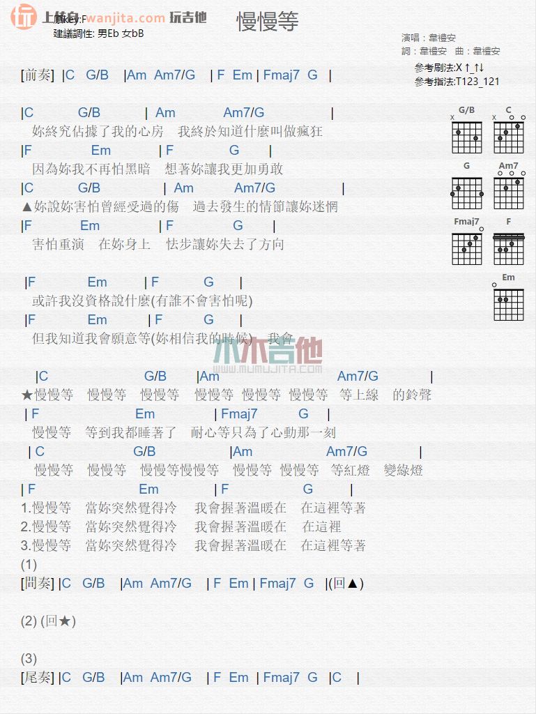 《慢慢等吉他谱》_韦礼安_E调_吉他图片谱1张 图1