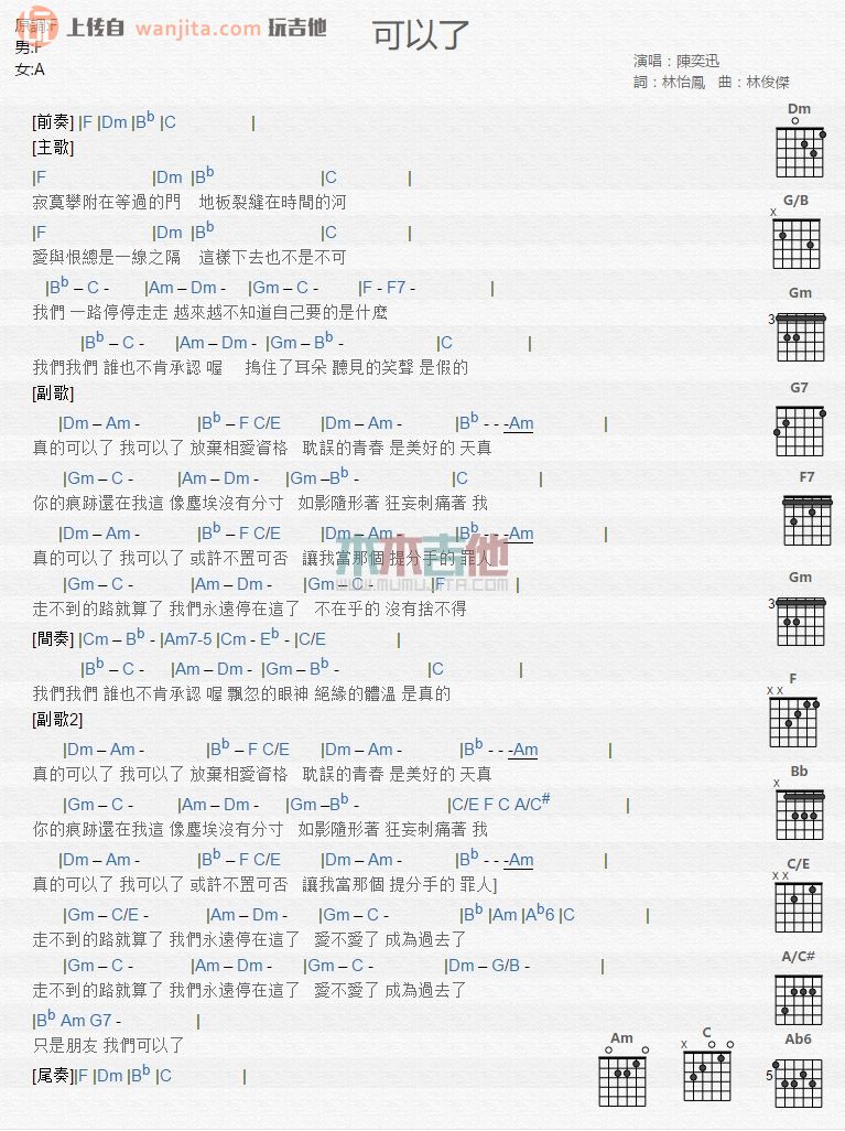 《可以了吉他谱》_陈奕迅_F调_吉他图片谱1张 图1