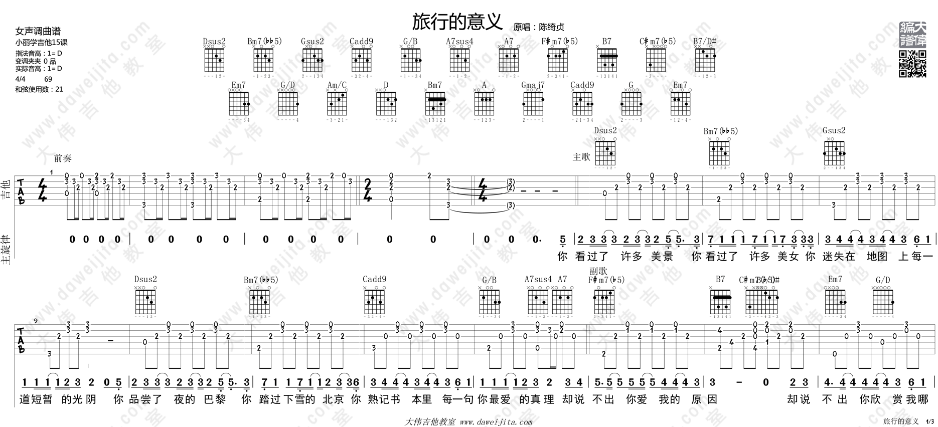 《旅行的意义吉他谱》_陈绮贞_D调_吉他图片谱2张 图1