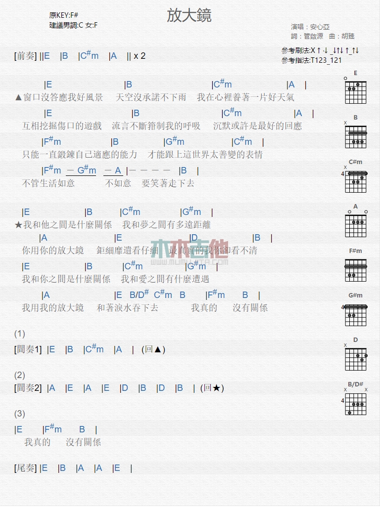 《放大镜吉他谱》_安心亚_C调_吉他图片谱1张 图1