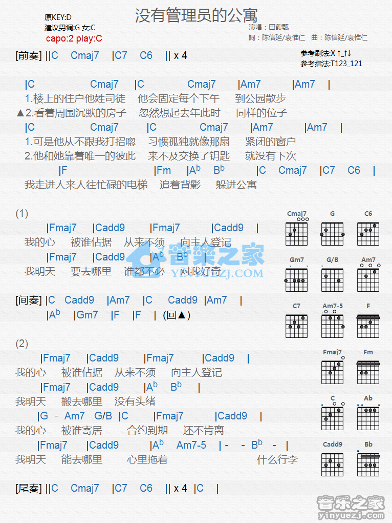 《没有管理员的公寓吉他谱》_田馥甄_C调_吉他图片谱1张 图1