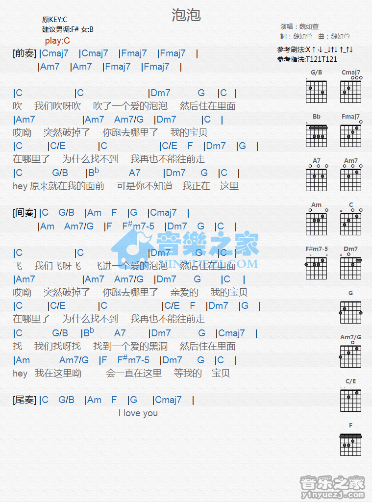 《泡泡吉他谱》_魏如萱_C调_吉他图片谱1张 图1