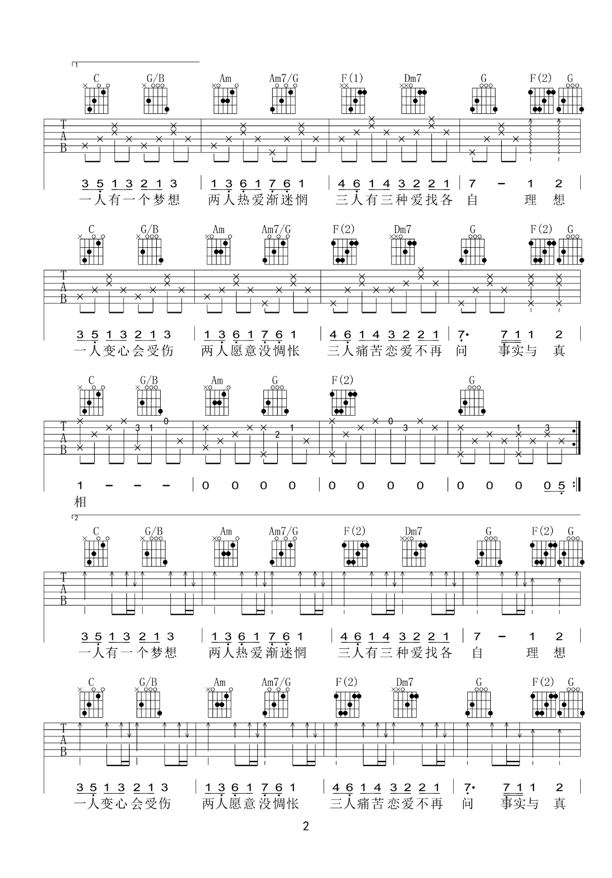 《一人有一个梦想吉他谱》_黎瑞恩_C调_吉他图片谱2张 图2