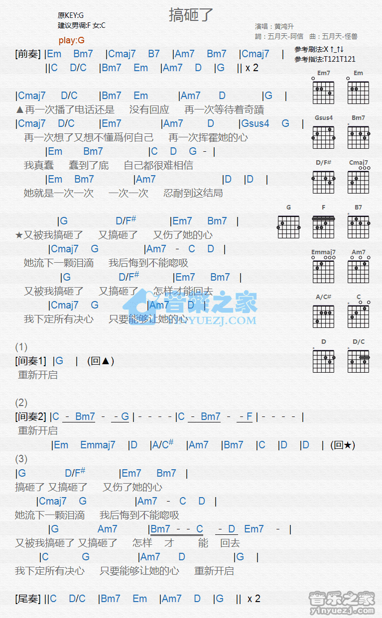 《搞砸了吉他谱》_黄鸿升_G调_吉他图片谱1张 图1