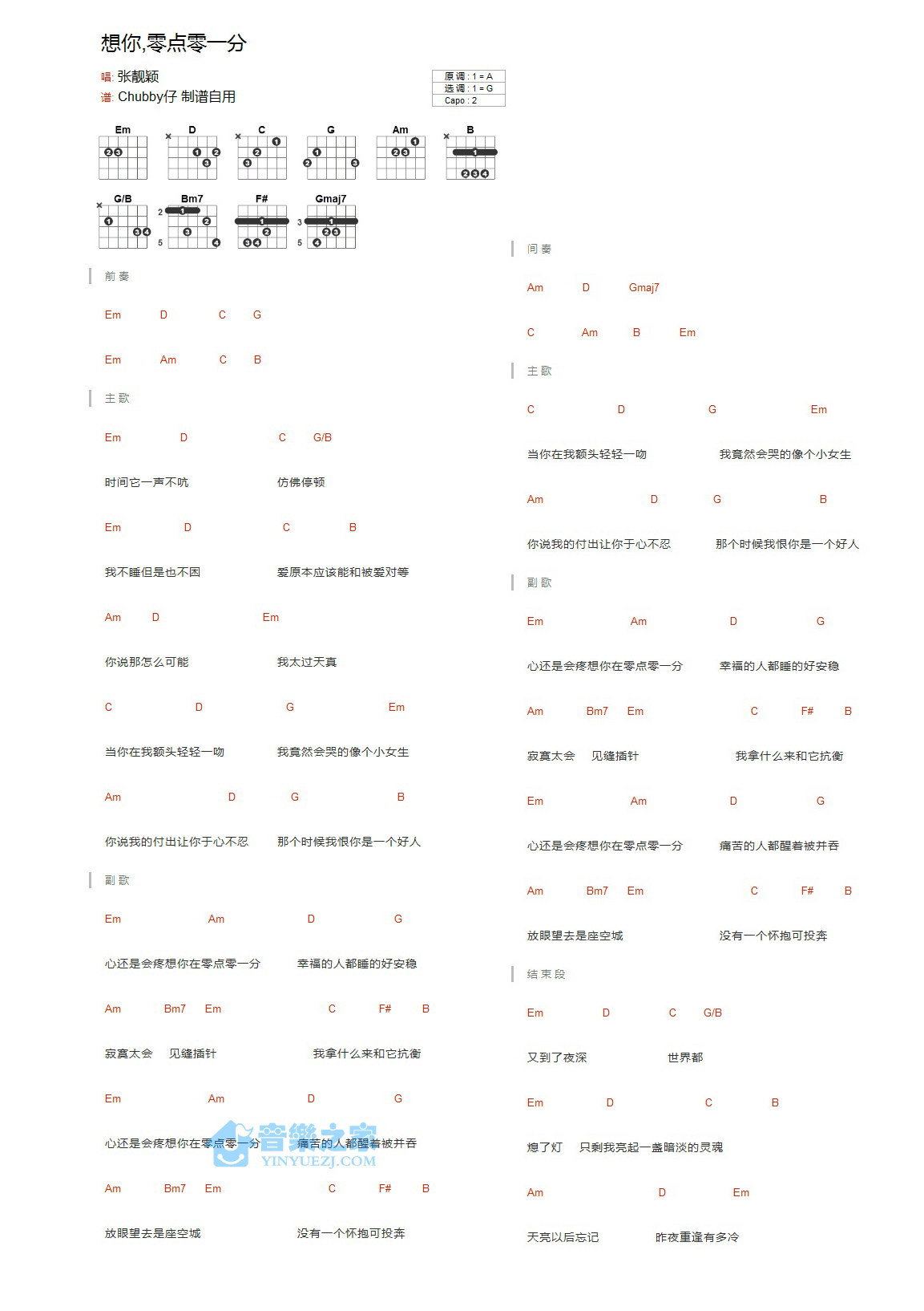 《想你零点零一分吉他谱》_张靓颖_G调_吉他图片谱1张 图1