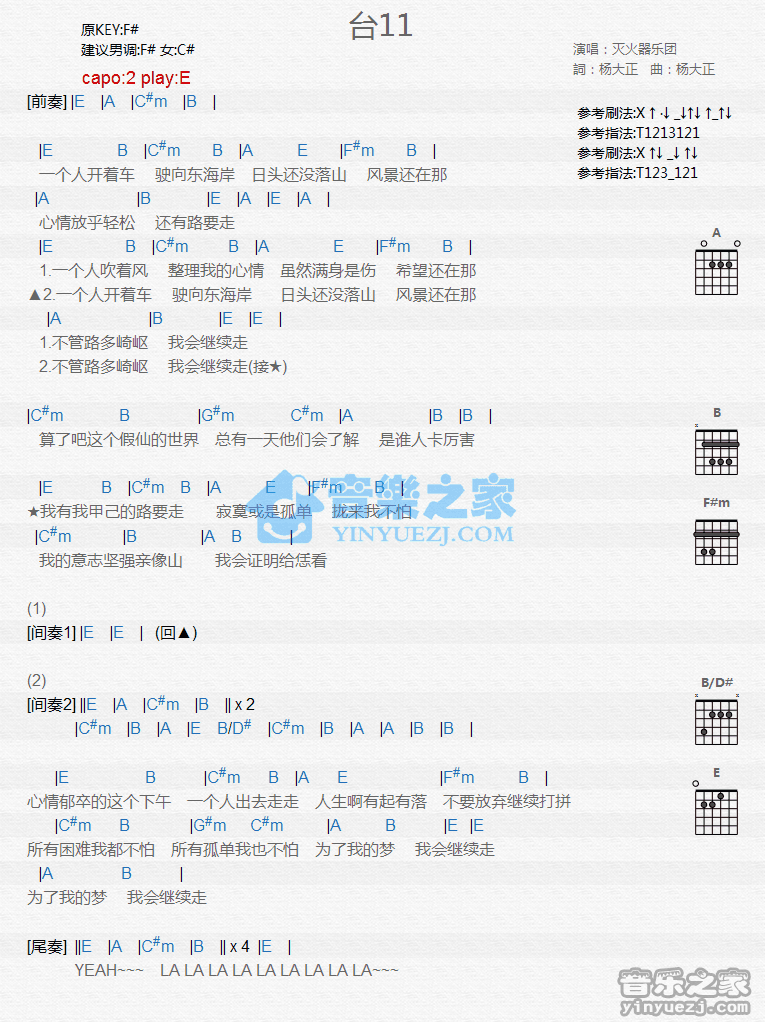 《台11吉他谱》_灭火器_E调_吉他图片谱1张 图1