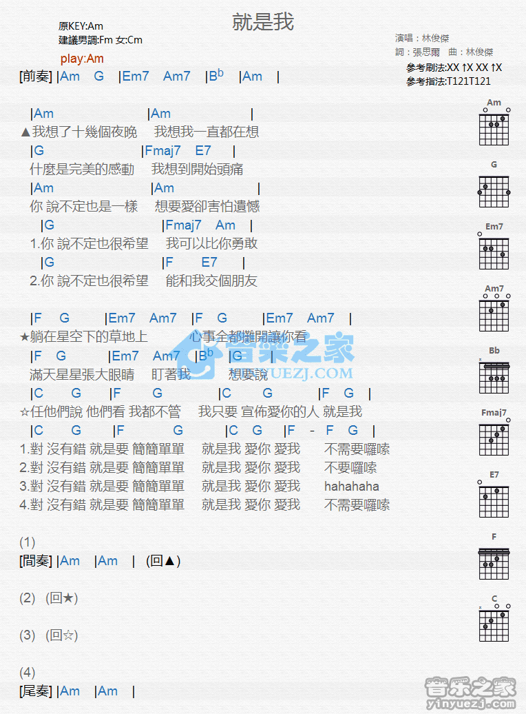 《就是我吉他谱》_林俊杰_C调_吉他图片谱1张 图1