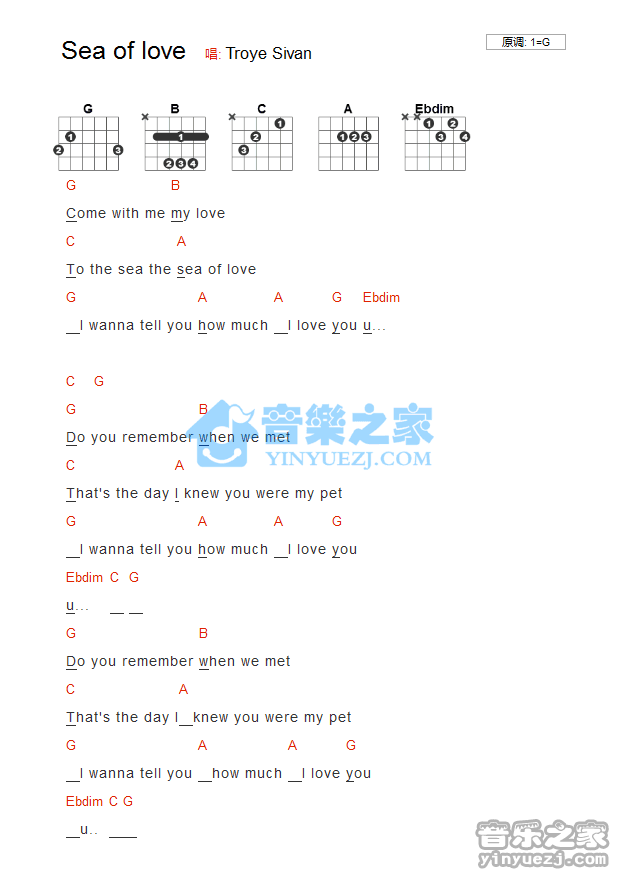 《Sea Of Love吉他谱》_Troye Sivan_G调_吉他图片谱1张 图1