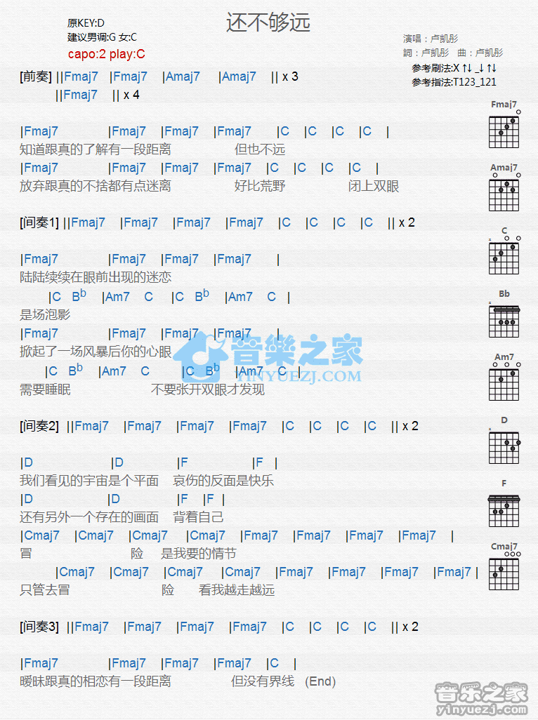 《还不够远吉他谱》_卢凯彤_C调_吉他图片谱1张 图1