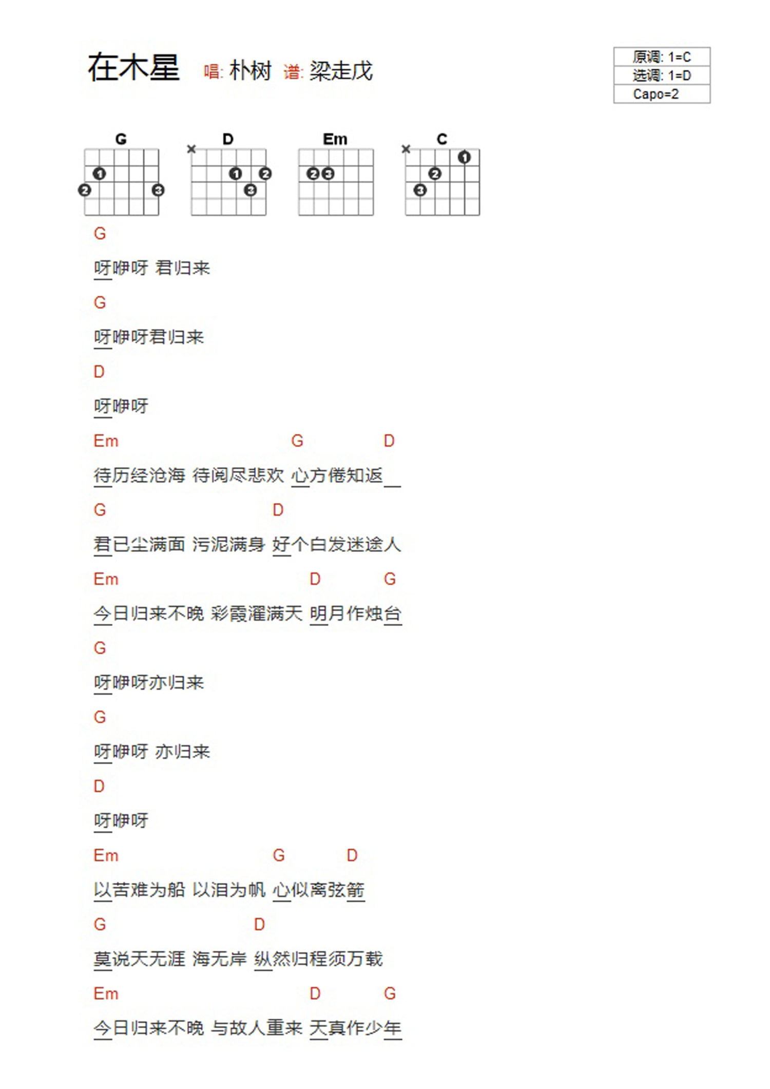 《在木星吉他谱》_朴树_D调_吉他图片谱2张 图1