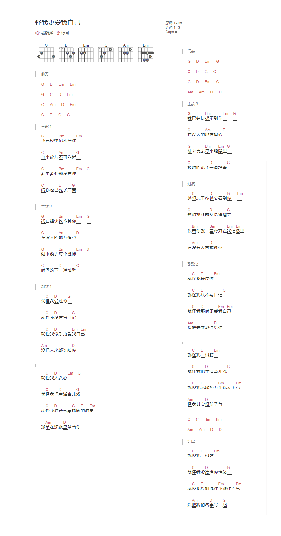 《怪我更爱我自己吉他谱》_赵紫骅_G调_吉他图片谱1张 图1