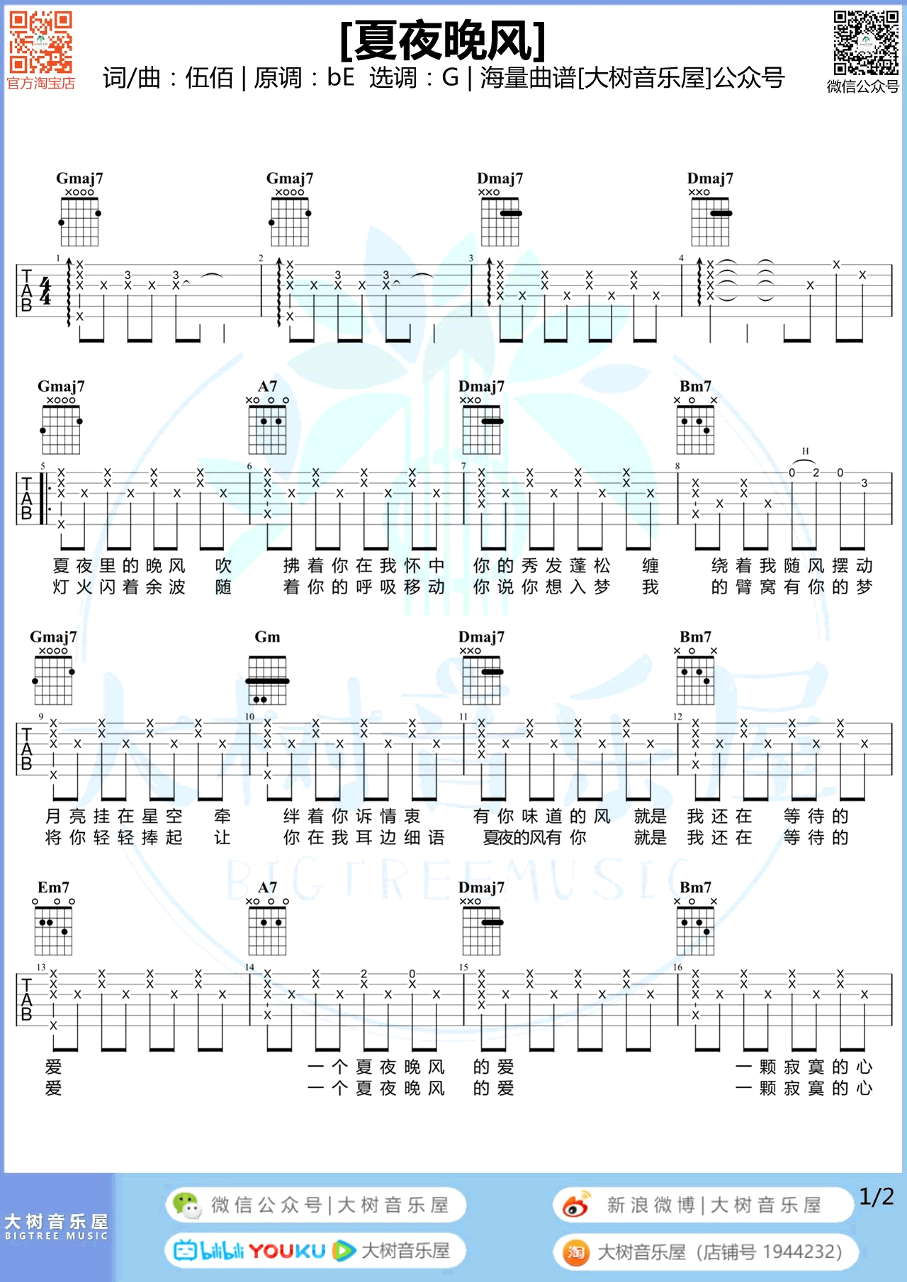 《夏夜晚风吉他谱》_伍佰_G调_吉他图片谱2张 图1