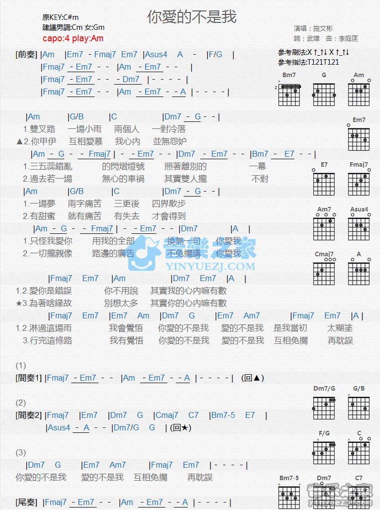 《你爱的不是我吉他谱》_施文斌_C调_吉他图片谱1张 图1