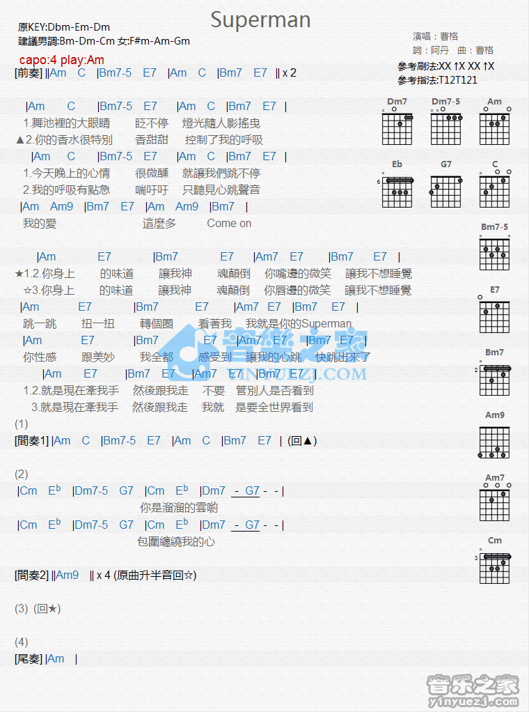 《Superman吉他谱》_曹格_C调_吉他图片谱1张 图1