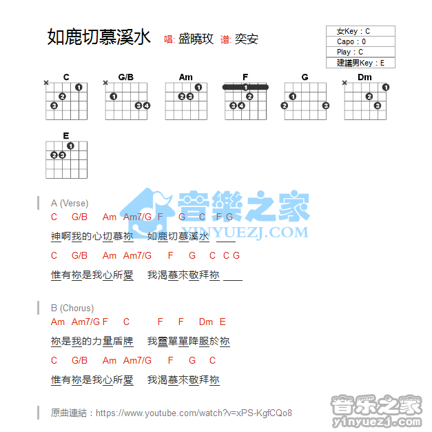 《如鹿切慕溪水吉他谱》_盛晓玫_C调_吉他图片谱1张 图1