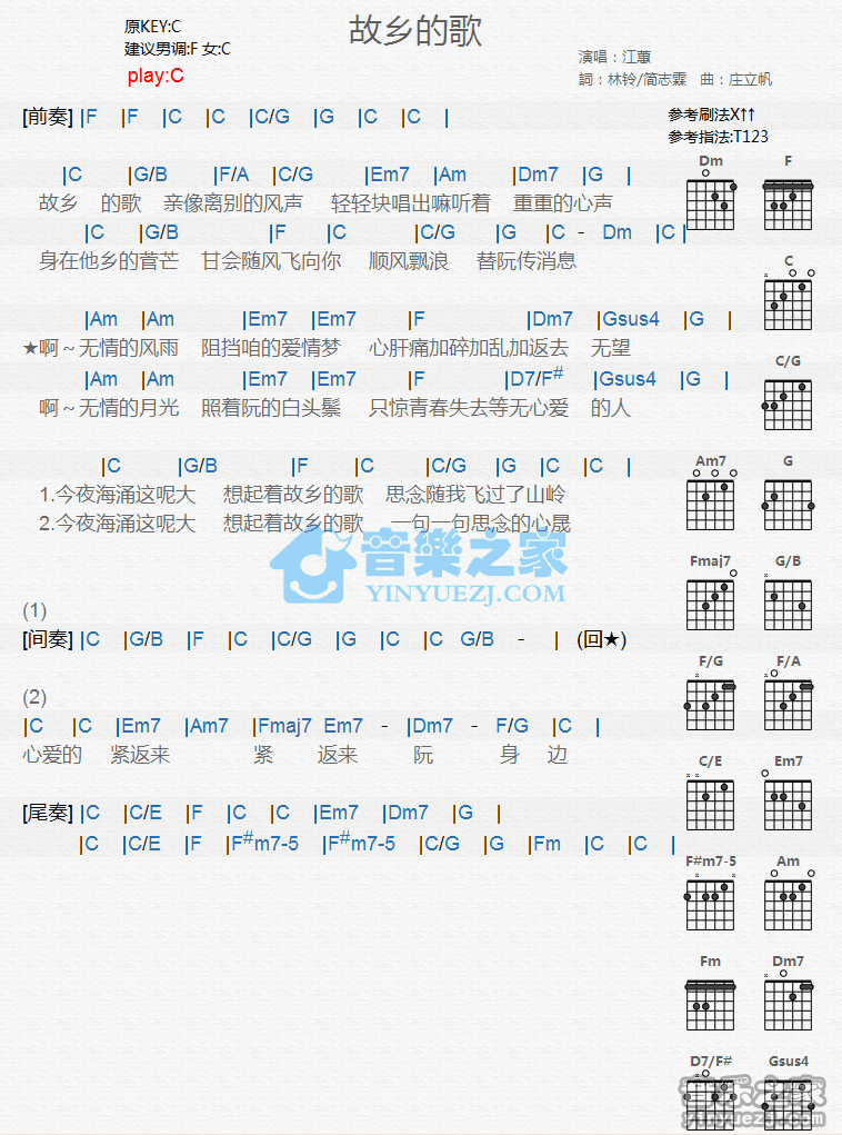 《故乡的歌吉他谱》_江蕙_C调_吉他图片谱1张 图1