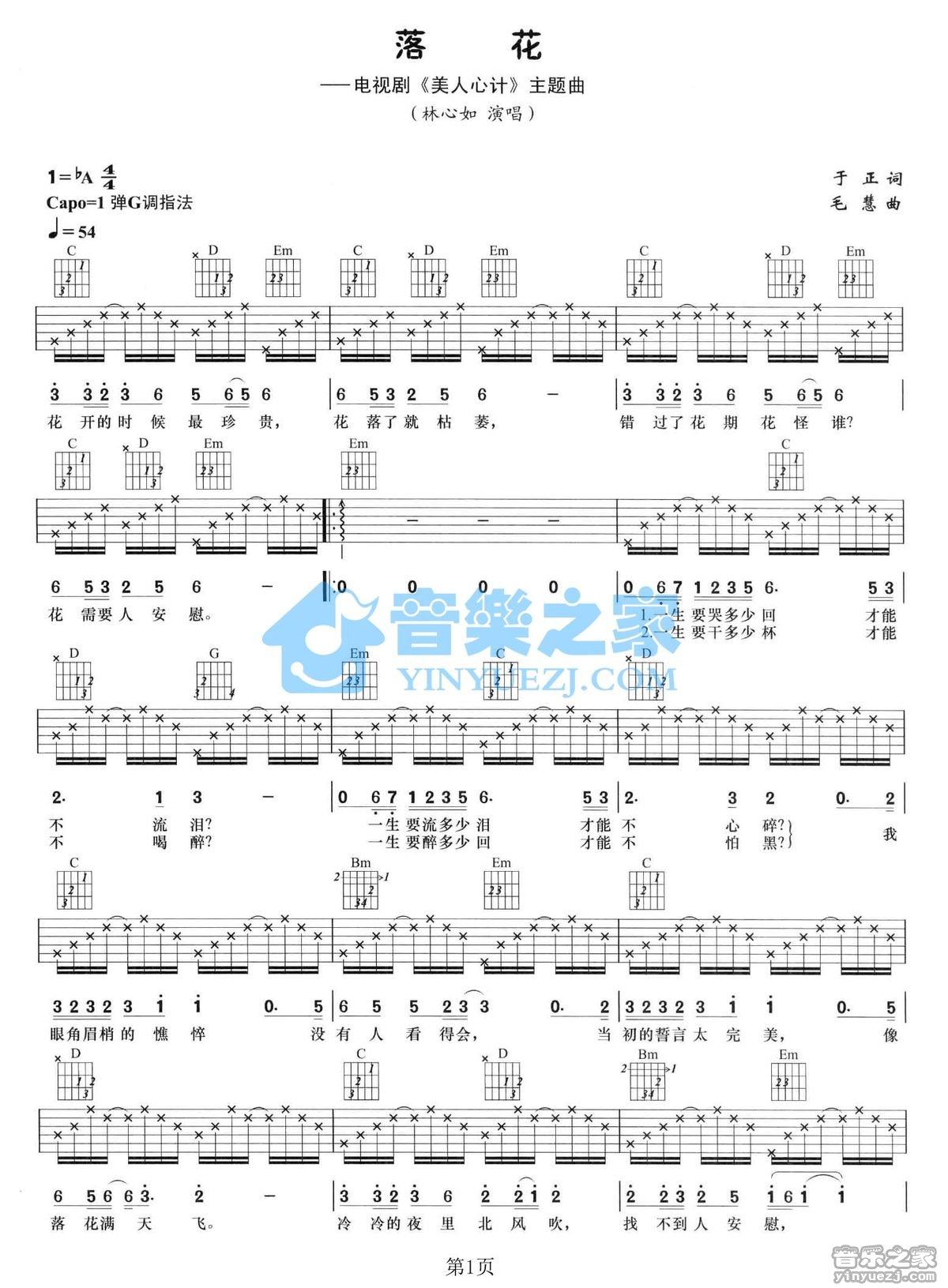 收錄於專輯《美人心計 電視劇原聲帶》,由於正作詞,當前落花吉他譜共