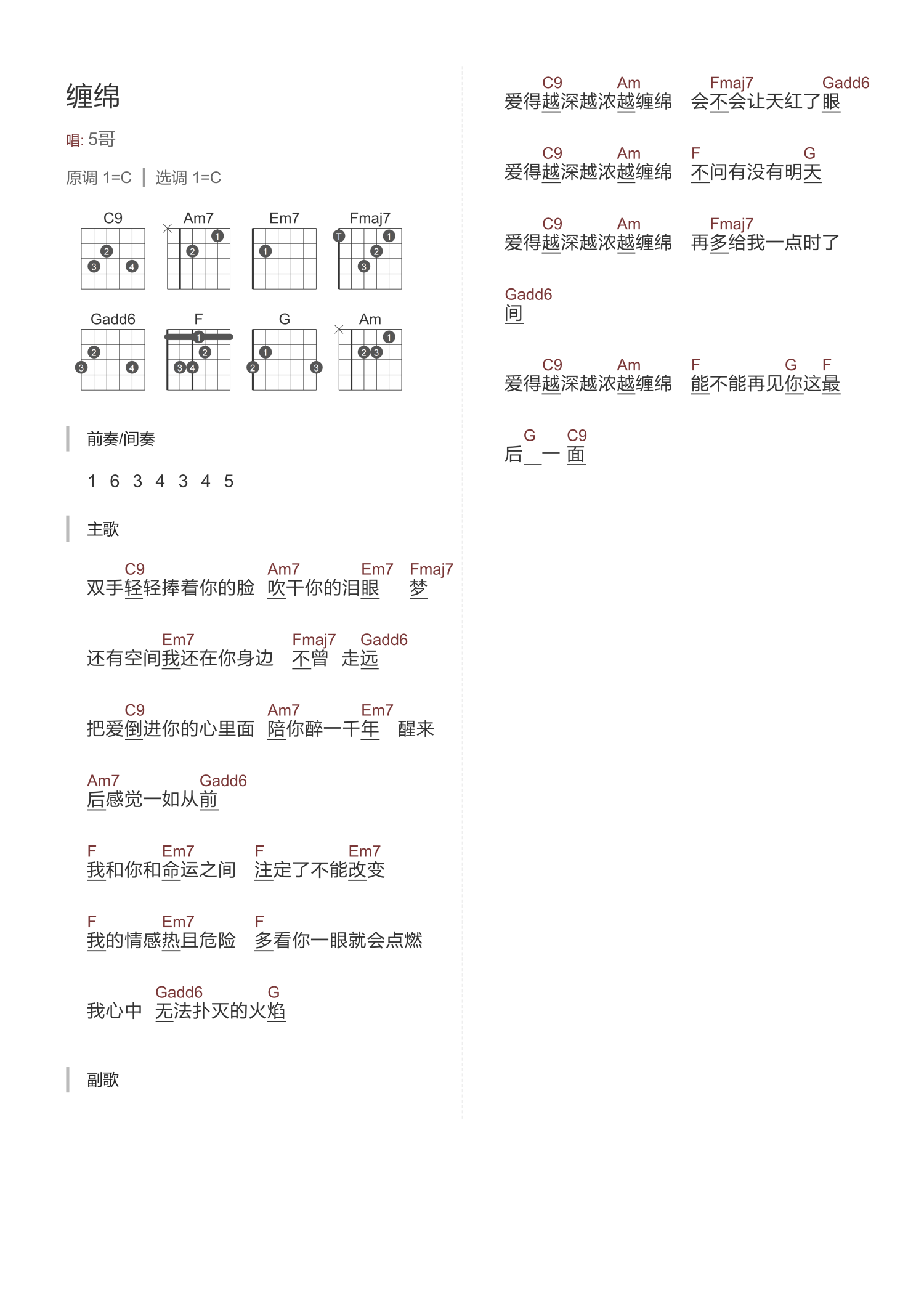 《缠绵吉他谱》_刘德华_C调_吉他图片谱1张 图1