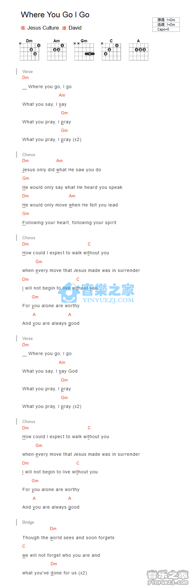 《Where You Go I Go吉他谱》_Jesus Culture_未知调_吉他图片谱1张 图1