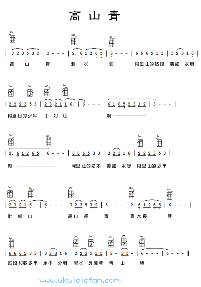 《高山青吉他谱》_阿里山风云主题曲_未知调_吉他图片谱1张 图1