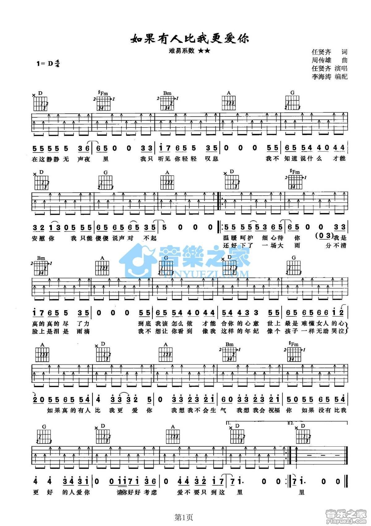 《如果有人比我更爱你吉他谱》_任贤齐_D调_吉他图片谱1张 图1