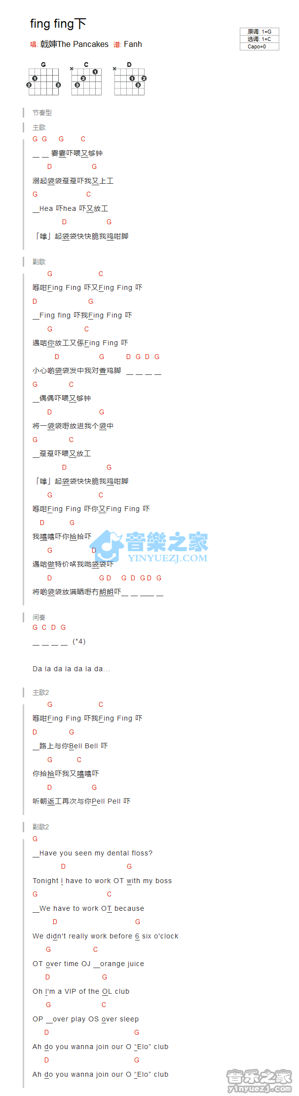 《fing fing下吉他谱》_The Pancakes_C调_吉他图片谱1张 图1