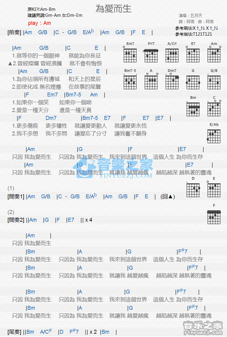 《为爱而生吉他谱》_五月天_C调_吉他图片谱1张 图1