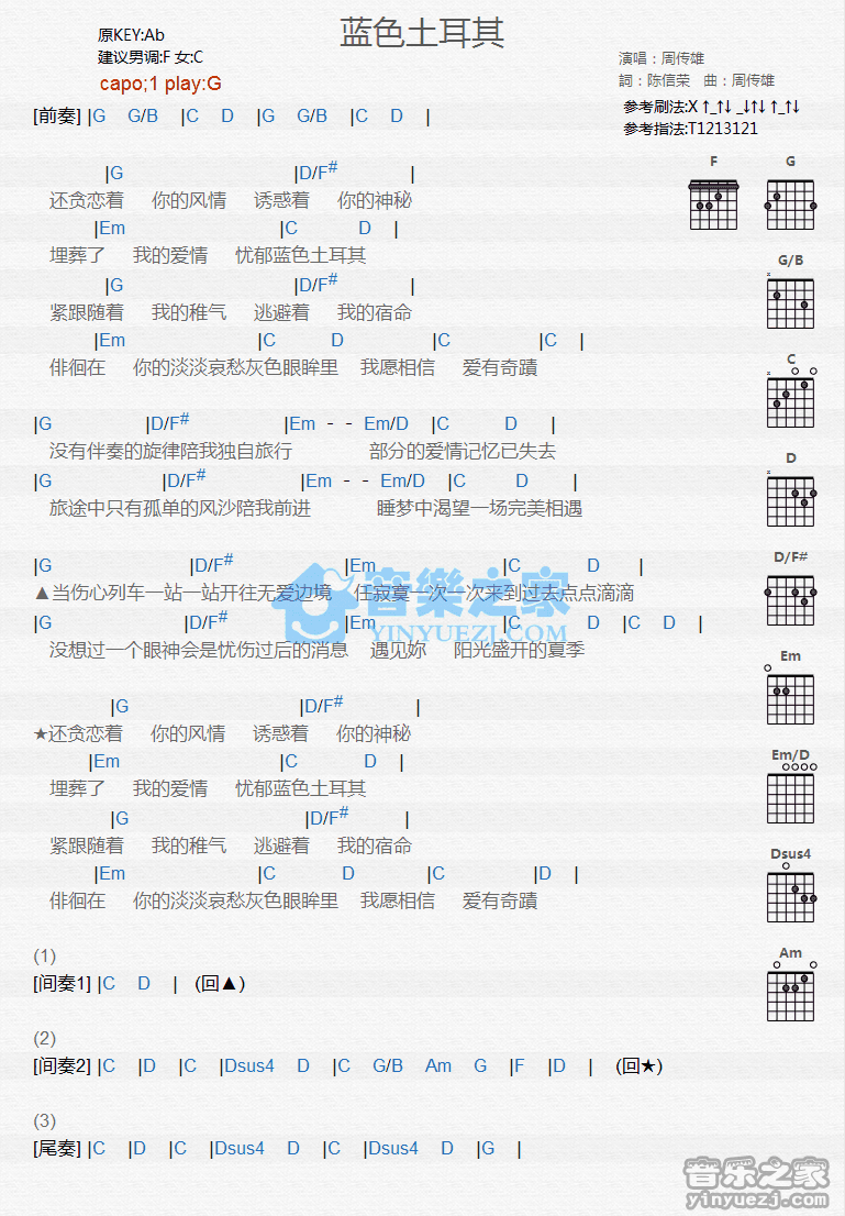 《蓝色土耳其吉他谱》_周传雄_G调_吉他图片谱1张 图1