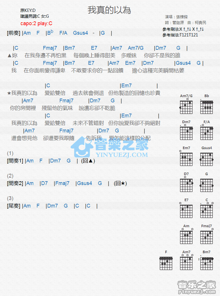 《我真的以为吉他谱》_张栋梁_C调_吉他图片谱1张 图1