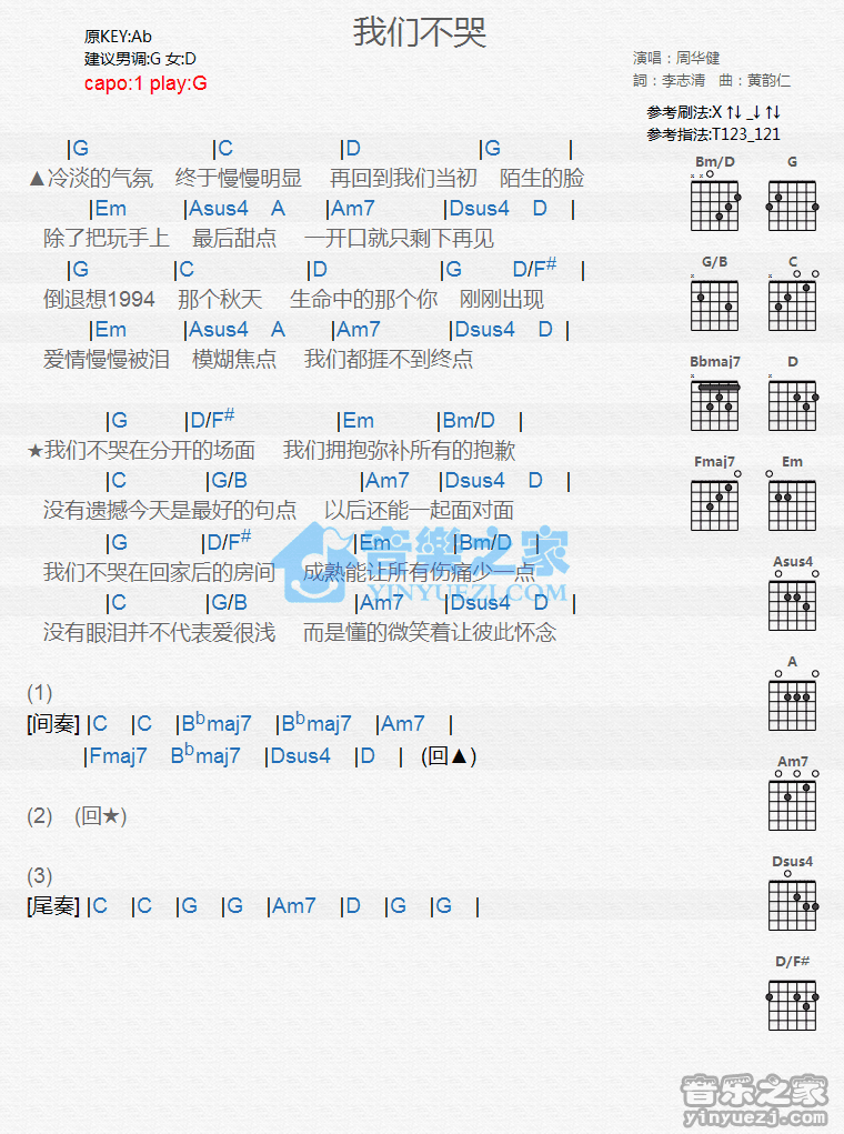 《我们不哭吉他谱》_周华健_G调_吉他图片谱1张 图1