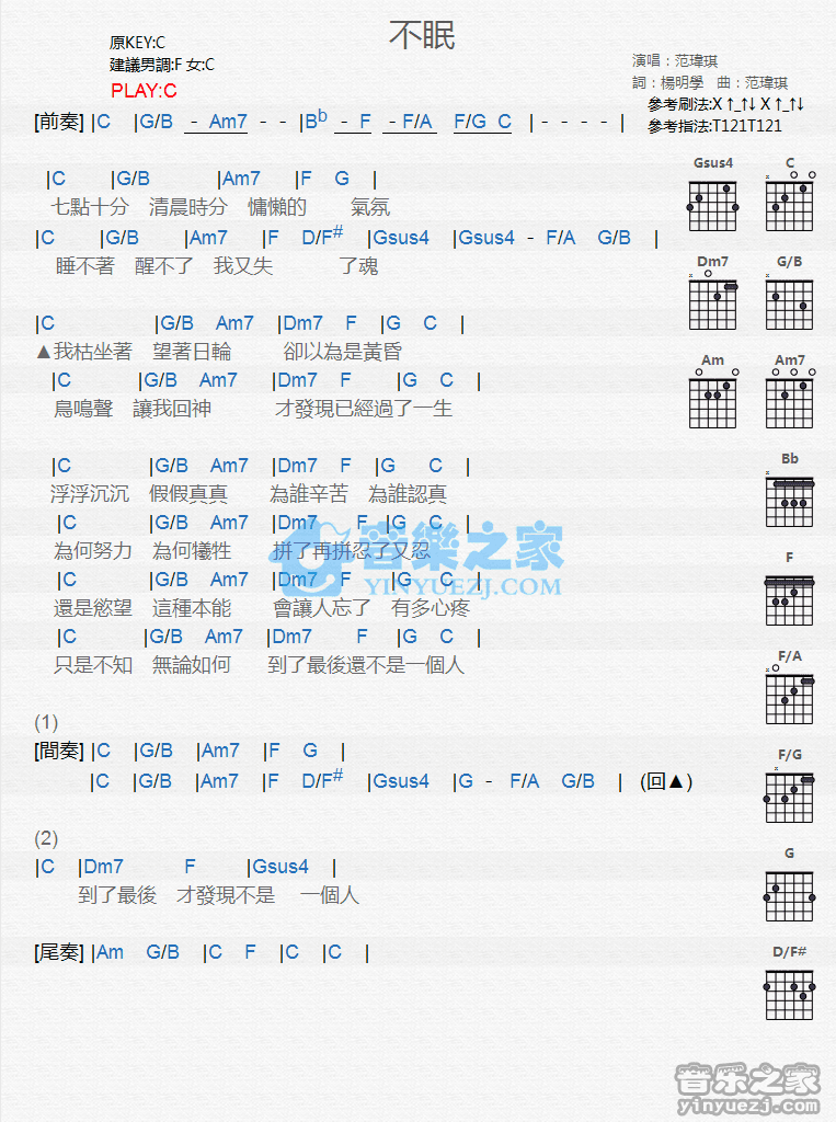 《不眠吉他谱》_范玮琪_C调_吉他图片谱2张 图1