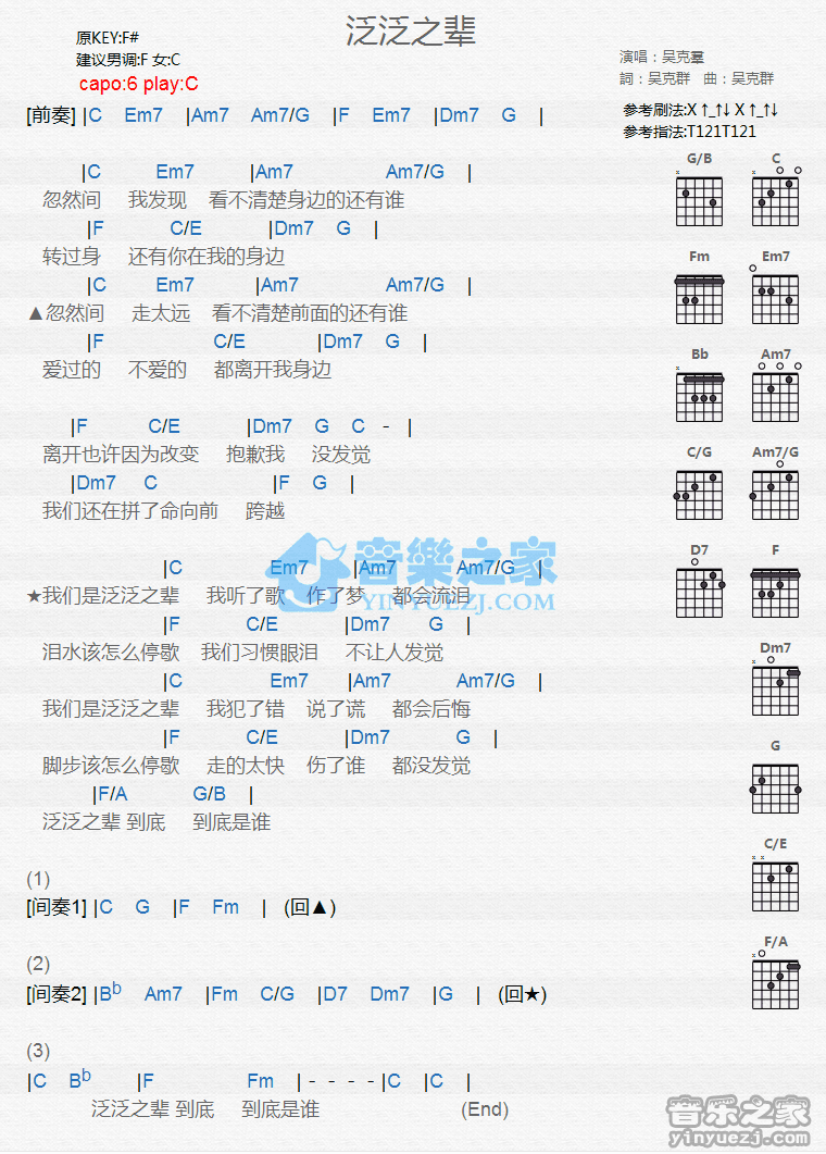 《泛泛之辈吉他谱》_吴克t_C调_吉他图片谱1张 图1