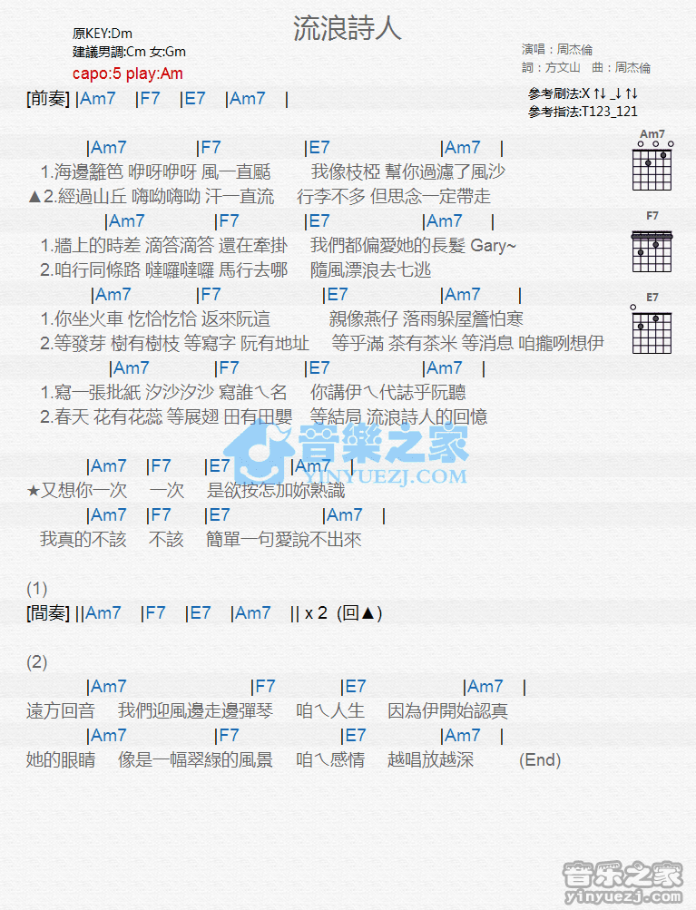 《流浪诗人吉他谱》_周杰伦_C调_吉他图片谱1张 图1