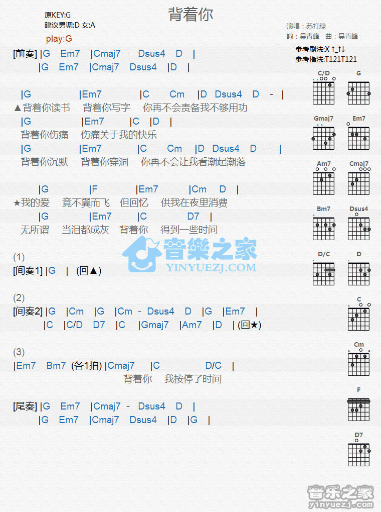 《背着你吉他谱》_苏打绿_G调_吉他图片谱1张 图1