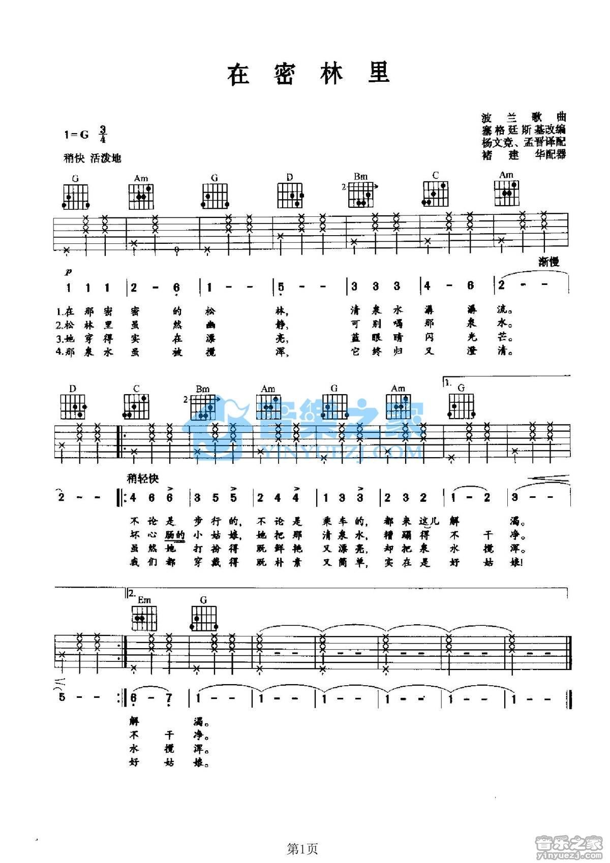 《在密林里吉他谱》_波兰民歌_G调_吉他图片谱1张 图1