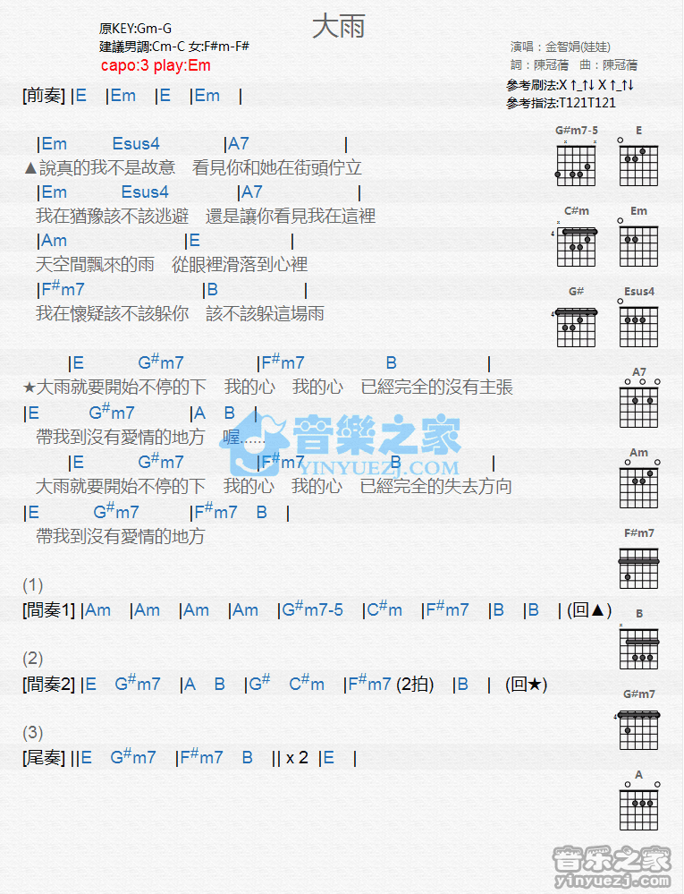 《大雨吉他谱》_金智娟_G调_吉他图片谱1张 图1