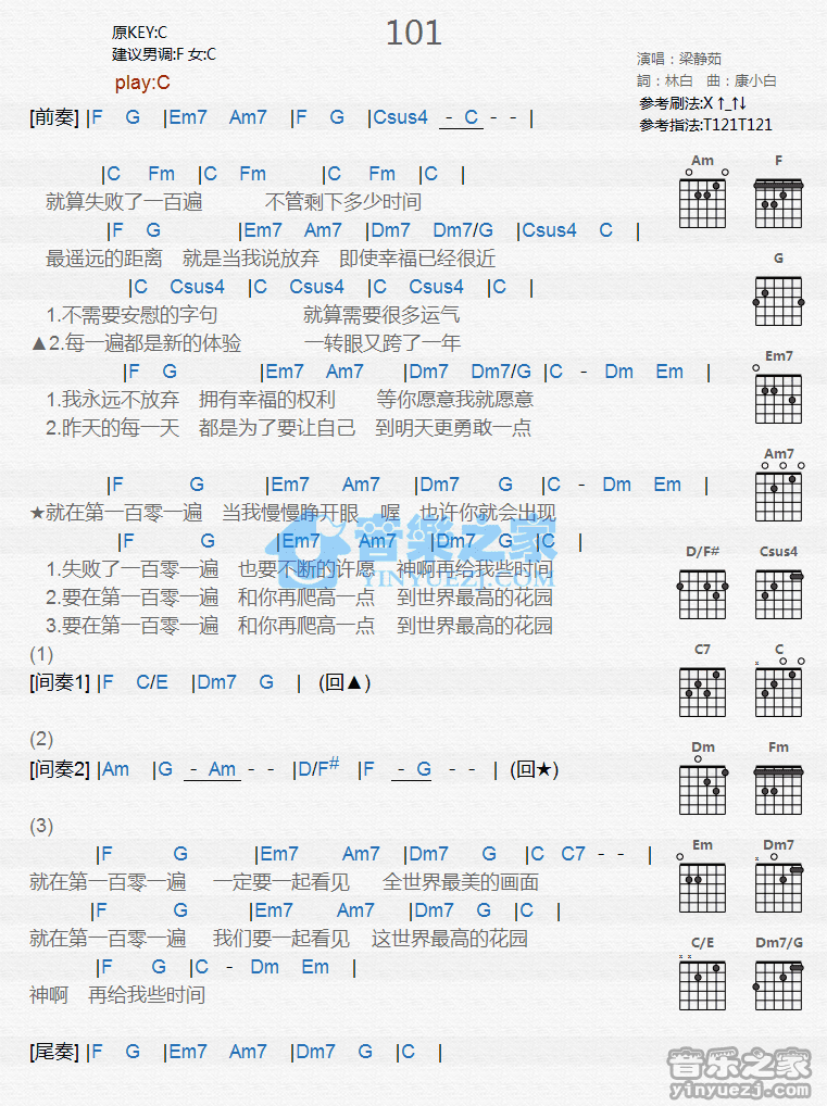 《101吉他谱》_梁静茹_C调_吉他图片谱1张 图1